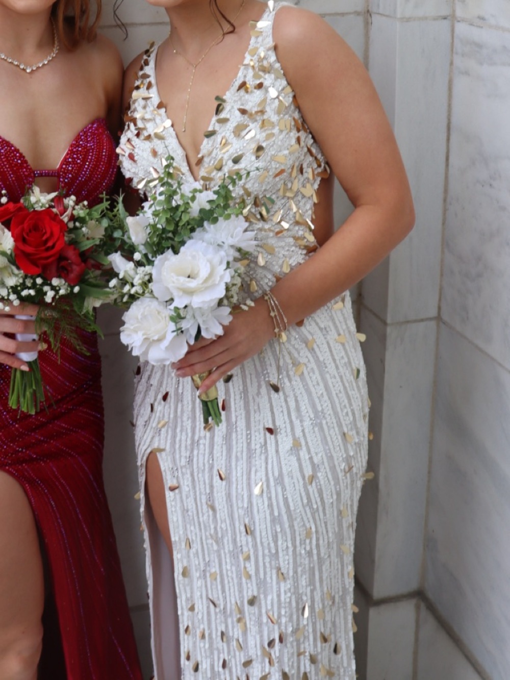 Elegant White Sequin Gown with Gold Accents - Women Dresses